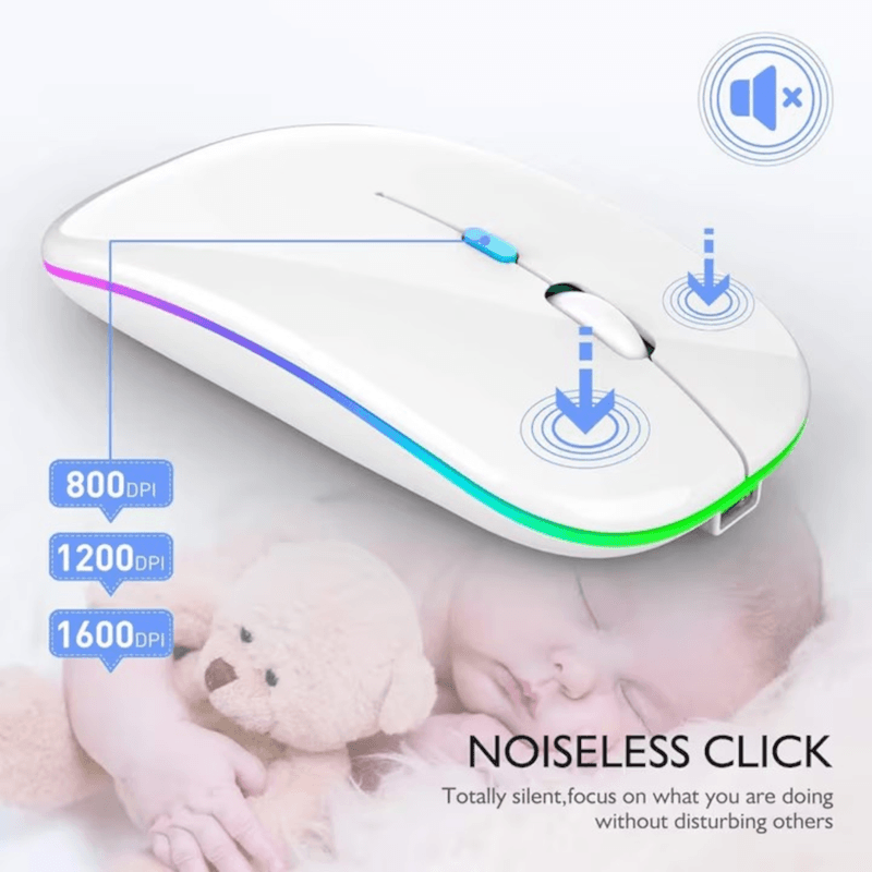 PC, gaming si accesorii - Periferice PC - Mouse - Mouse Wireless cu Incarcare USB RGB Mouse ergonomic silentios pentru laptop Bluetooth 5 si 2.4GHZ DPI Reglabil Alb ABYZ - Infinity.ro