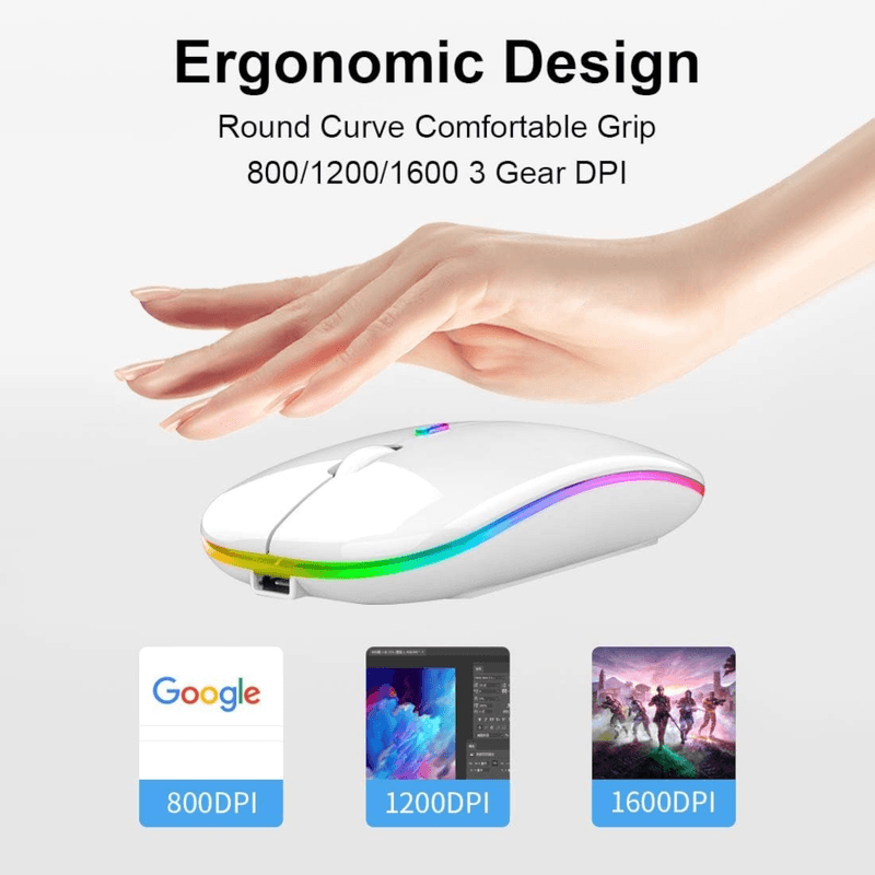 PC, gaming si accesorii - Periferice PC - Mouse - Mouse Wireless cu Incarcare USB RGB Mouse ergonomic silentios pentru laptop Bluetooth 5 si 2.4GHZ DPI Reglabil Alb ABYZ - Infinity.ro