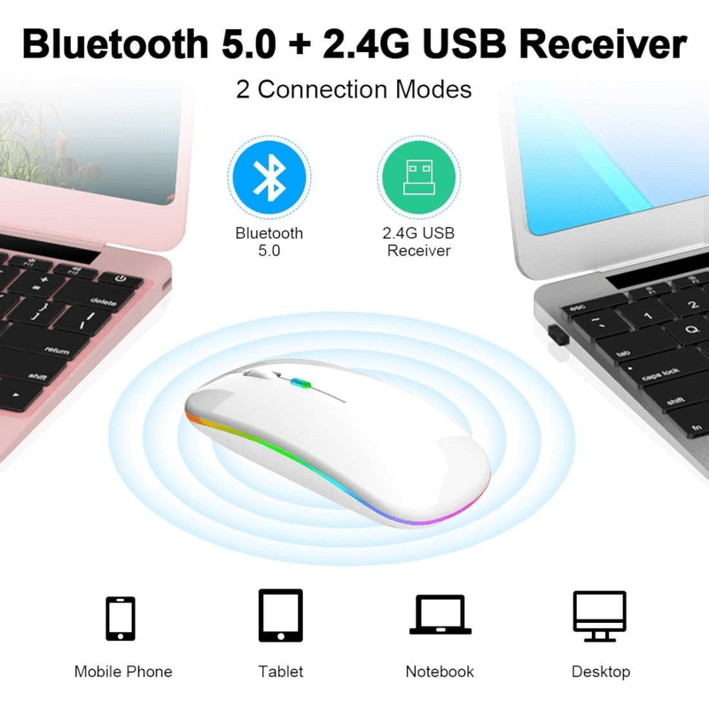 PC, gaming si accesorii - Periferice PC - Mouse - Mouse Wireless cu Incarcare USB RGB Mouse ergonomic silentios pentru laptop Bluetooth 5 si 2.4GHZ DPI Reglabil Alb ABYZ - Infinity.ro