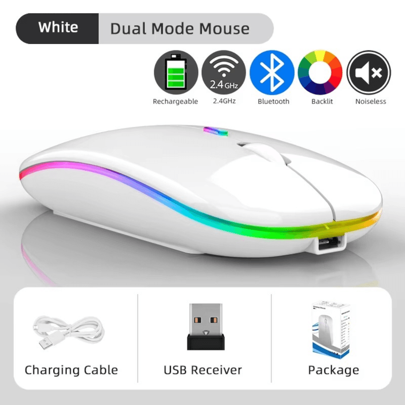 PC, gaming si accesorii - Periferice PC - Mouse - Mouse Wireless cu Incarcare USB RGB Mouse ergonomic silentios pentru laptop Bluetooth 5 si 2.4GHZ DPI Reglabil Alb ABYZ - Infinity.ro