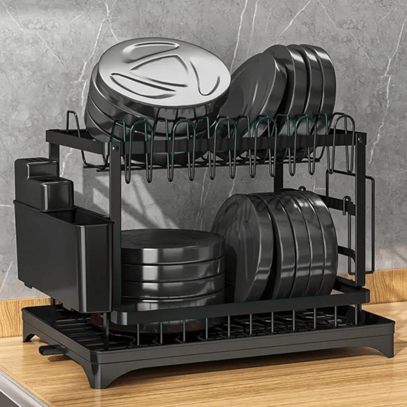 Casa si Gradina - Bucatarie si vesela - Organizare si depozitare bucatarie - Scurgator vase - Scurgator de vase din metal cu 2 niveluri design compact finisaj negru mat dimensiuni 29x42x29 cm Ideal pentru bucatarie - Infinity.ro