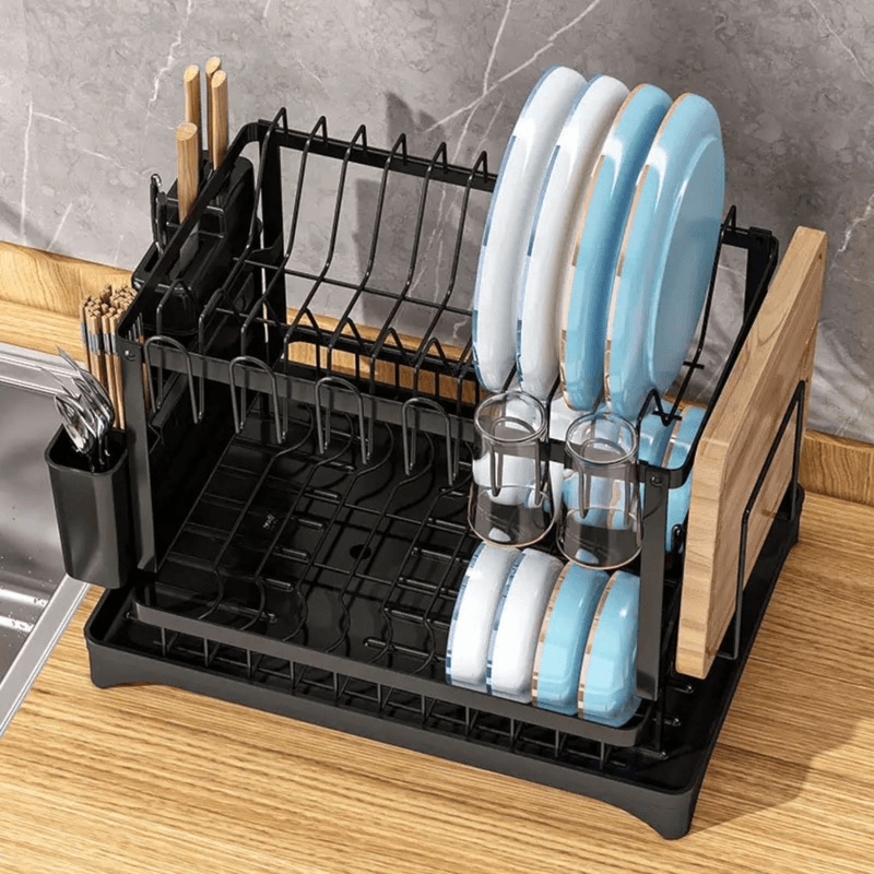 Casa si Gradina - Bucatarie si vesela - Organizare si depozitare bucatarie - Scurgator vase - Scurgator de vase din metal cu 2 niveluri design compact finisaj negru mat dimensiuni 29x42x29 cm Ideal pentru bucatarie - Infinity.ro