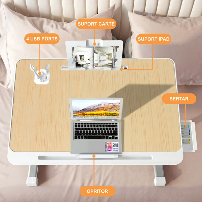 Laptop, Telefoane si Tablete - Laptopuri si accesorii - Accesorii Laptop - Standuri/Coolere notebook - Stand laptop tip masuta, reglabil, pliabil, 60x40cm, suport carte/tableta, sertar depozitare, Lemn - Infinity.ro