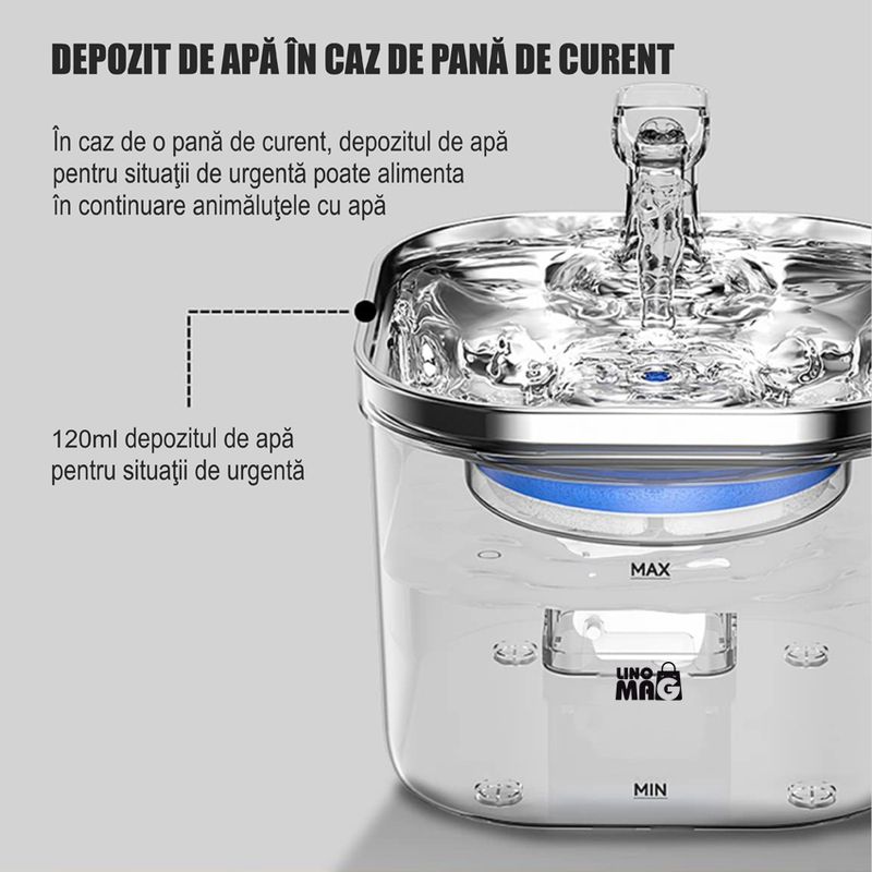 Petshop - Accesorii petshop - Castroane si adapatori - Dispenser apa automat Linomag® 2L, inox, filtrare si purificare, debit reglabil, pisici si caini, Transparent - Infinity.ro