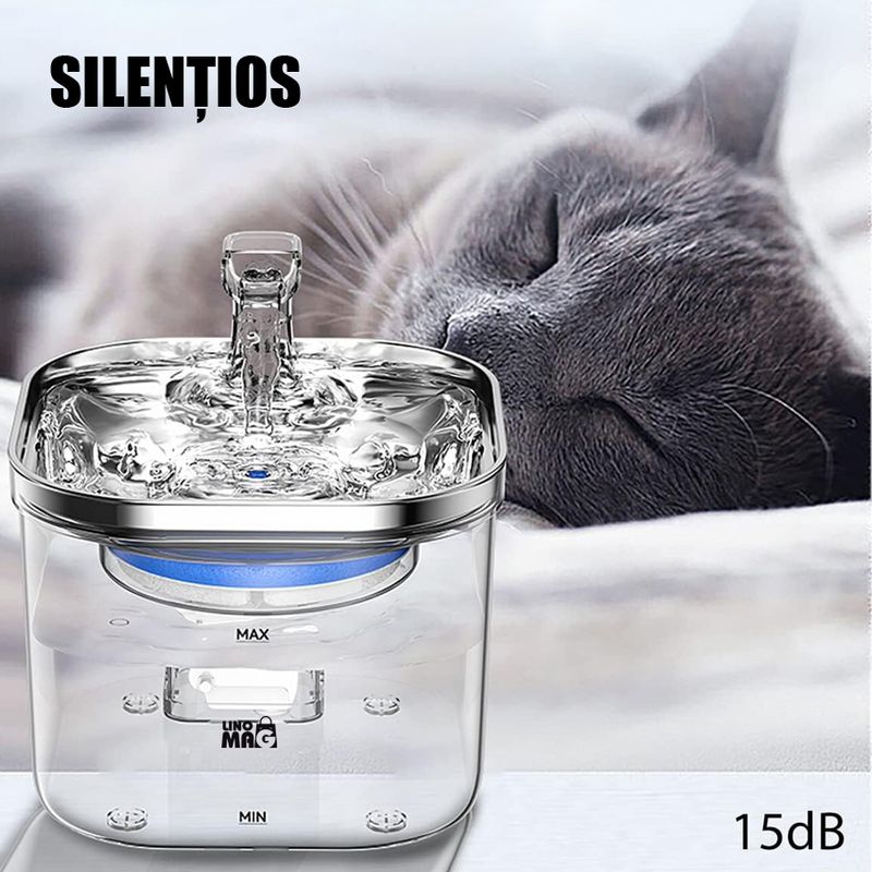 Petshop - Accesorii petshop - Castroane si adapatori - Dispenser apa automat Linomag® 2L, inox, filtrare si purificare, debit reglabil, pisici si caini, Transparent - Infinity.ro