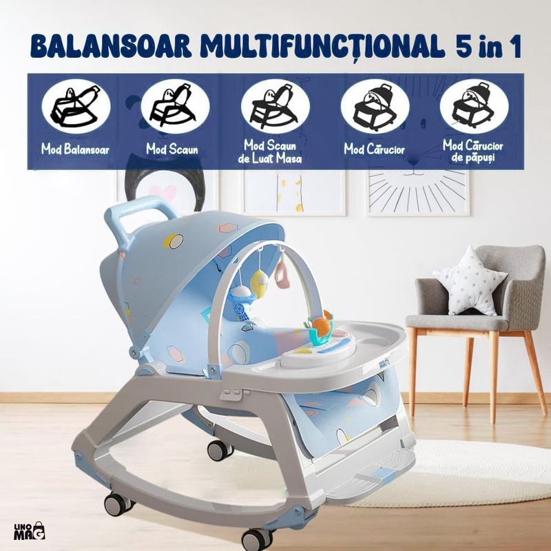 Jucarii, Copii si Bebe - Carucioare si articole de transport - Premergatoare - Balansoar 5 in 1 Linomag®, Scaun masa, Carucior, Masuta, Spatar rabatabil, Jucarii, 0-36 luni, Albastru - Infinity.ro