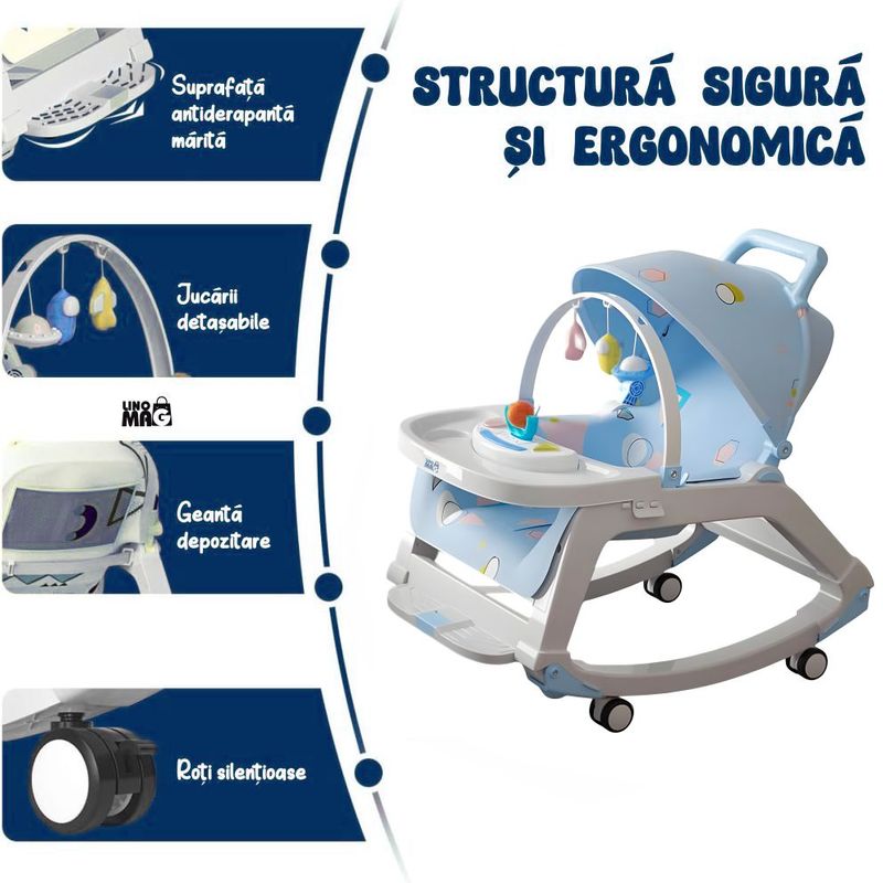 Jucarii, Copii si Bebe - Carucioare si articole de transport - Premergatoare - Balansoar 5 in 1 Linomag®, Scaun masa, Carucior, Masuta, Spatar rabatabil, Jucarii, 0-36 luni, Albastru - Infinity.ro