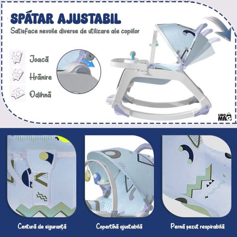 Jucarii, Copii si Bebe - Carucioare si articole de transport - Premergatoare - Balansoar 5 in 1 Linomag®, Scaun masa, Carucior, Masuta, Spatar rabatabil, Jucarii, 0-36 luni, Albastru - Infinity.ro