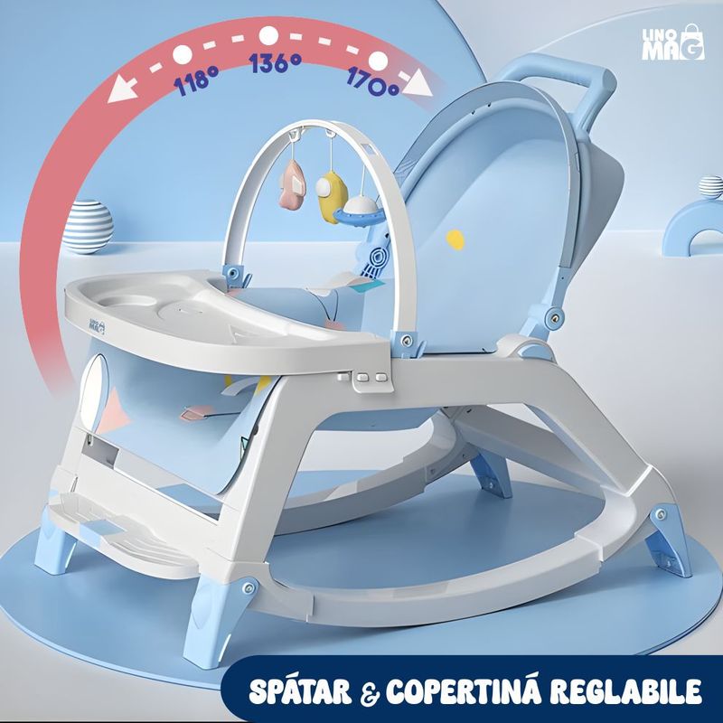 Jucarii, Copii si Bebe - Carucioare si articole de transport - Premergatoare - Balansoar 5 in 1 Linomag®, Scaun masa, Carucior, Masuta, Spatar rabatabil, Jucarii, 0-36 luni, Albastru - Infinity.ro