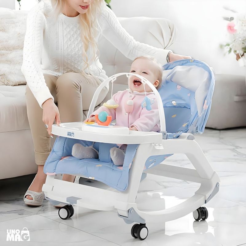 Jucarii, Copii si Bebe - Carucioare si articole de transport - Premergatoare - Balansoar 5 in 1 Linomag®, Scaun masa, Carucior, Masuta, Spatar rabatabil, Jucarii, 0-36 luni, Albastru - Infinity.ro