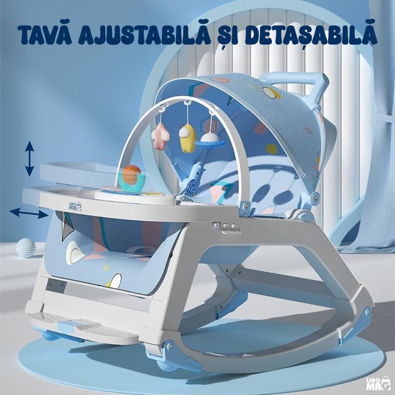 Jucarii, Copii si Bebe - Carucioare si articole de transport - Premergatoare - Balansoar 5 in 1 Linomag®, Scaun masa, Carucior, Masuta, Spatar rabatabil, Jucarii, 0-36 luni, Albastru - Infinity.ro