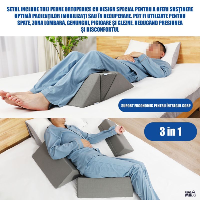 Casa si Gradina - Textile si covoare - Perne si pilote - Perne - Set 3 Perne Ortopedice Triunghiulare, Linomag®, Multifunctionale, Pentru Alinarea Durerilor de Spate,Post-Operatoriu Gri - Infinity.ro