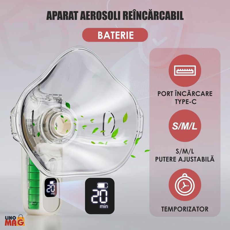 Jucarii, Copii si Bebe - Igiena si ingrijire - Accesorii ingrijire copii - Aparate aerosoli copii - Aparat Aerosoli Profesional Linomag®, Masca Copii si Adulti, Tehnologie Mesh, Autocuratare, Silentios, Alb/Negru - Infinity.ro