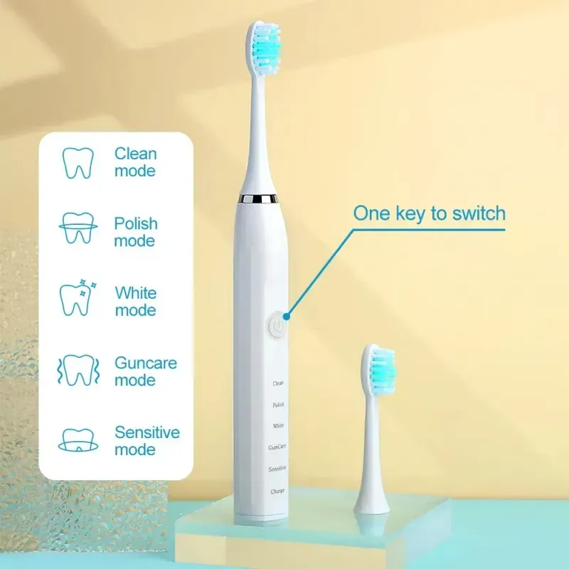 Ingrijire personala si Cosmetice - Igiena dentara - Periute de dinti electrice - Periuta de dinti electrica ABYZ cu 6 capete incluse si incarcare USB Design modern alba pentru o igiena dentara avansata - Infinity.ro