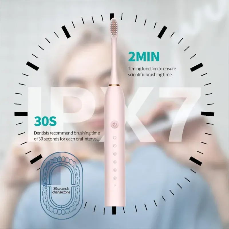 Ingrijire personala si Cosmetice - Igiena dentara - Periute de dinti electrice - Periuta de dinti electrica ABYZ cu 4 capete interschimbabile si incarcare USB, Culoare roz, design modern si functional - Infinity.ro