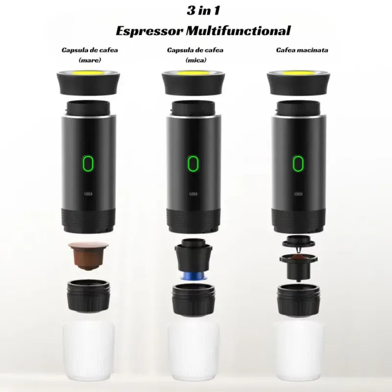 Electronice si Electrocasnice - Electrocasnice bucatarie - Preparare bauturi - Espressoare - Espressor Portabil compatibil cu Nespresso Dolce Gusto cafea macinata putere 72W Baterie 2500mAh incarcare USB Negru - Infinity.ro