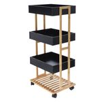 Casa si Gradina - Mobilier - Biblioteci si rafturi - Rafturi - Carucior de Depozitare cu 3 Rafturi – Structura din Bambus si Tavi MDF Negre – Mobil cu Roti – 87,5 x 40 x 30 cm - Infinity.ro