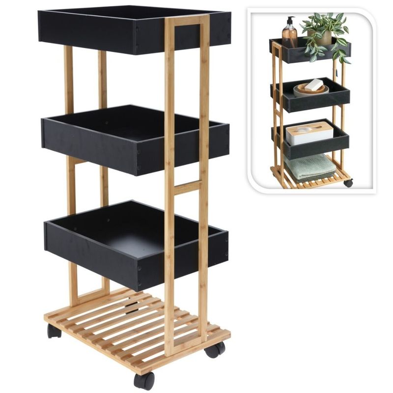 Casa si Gradina - Mobilier - Biblioteci si rafturi - Rafturi - Carucior de Depozitare cu 3 Rafturi – Structura din Bambus si Tavi MDF Negre – Mobil cu Roti – 87,5 x 40 x 30 cm - Infinity.ro