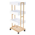 Casa si Gradina - Mobilier - Biblioteci si rafturi - Rafturi - Carucior de Depozitare cu 3 Rafturi – Structura din Bambus si Tavi MDF albe – Mobil cu Roti – 87,5 x 40 x 30 cm - Infinity.ro