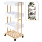 Casa si Gradina - Mobilier - Biblioteci si rafturi - Rafturi - Carucior de Depozitare cu 3 Rafturi – Structura din Bambus si Tavi MDF albe – Mobil cu Roti – 87,5 x 40 x 30 cm - Infinity.ro