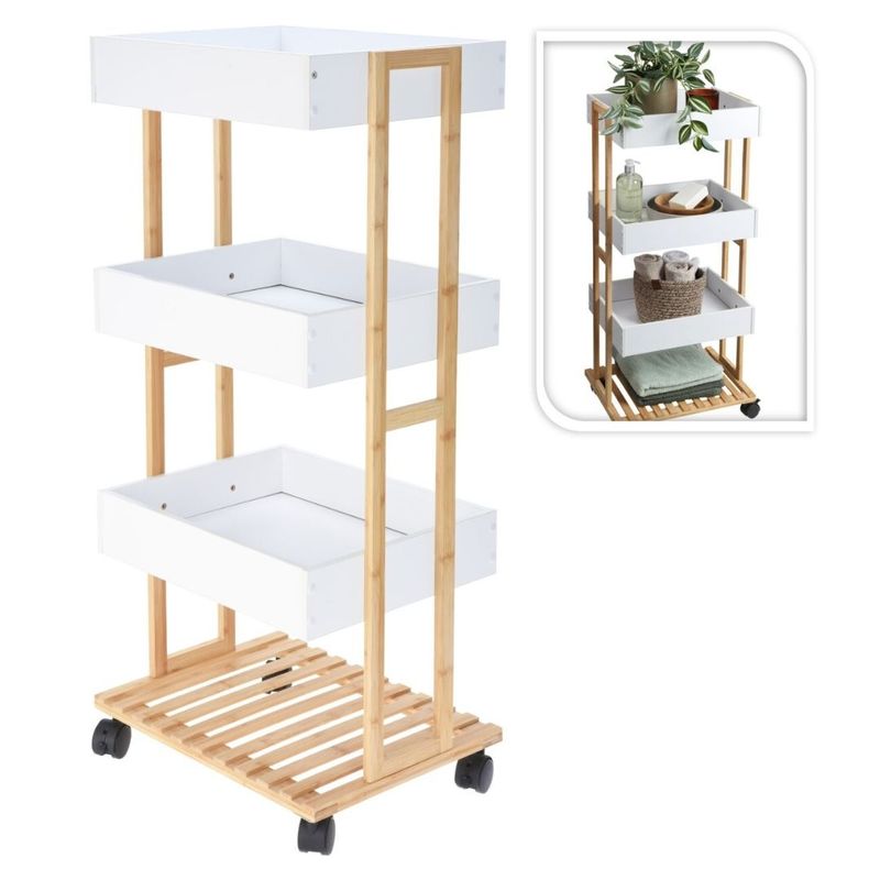 Casa si Gradina - Mobilier - Biblioteci si rafturi - Rafturi - Carucior de Depozitare cu 3 Rafturi – Structura din Bambus si Tavi MDF albe – Mobil cu Roti – 87,5 x 40 x 30 cm - Infinity.ro