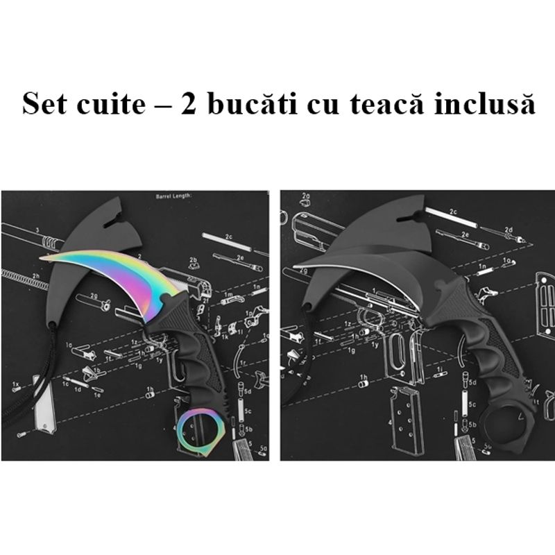 Sport si Outdoor - Camping - Cutite, bricege si accesorii - Cutite si bricege - Set doua cutite karambit, 19 cm, multicolor/negru, teaca inclusa - Infinity.ro