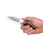 Sport si Outdoor - Camping - Cutite, bricege si accesorii - Cutite si bricege - Cutit de buzunar otel damasc, 17 cm, pliere cu blocare, maner din lemn, teaca piele inclusa - Infinity.ro