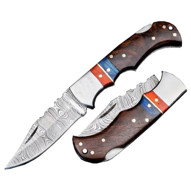 Sport si Outdoor - Camping - Cutite, bricege si accesorii - Cutite si bricege - Cutit de buzunar otel damasc, 17 cm, pliere cu blocare, maner din lemn, teaca piele inclusa - Infinity.ro