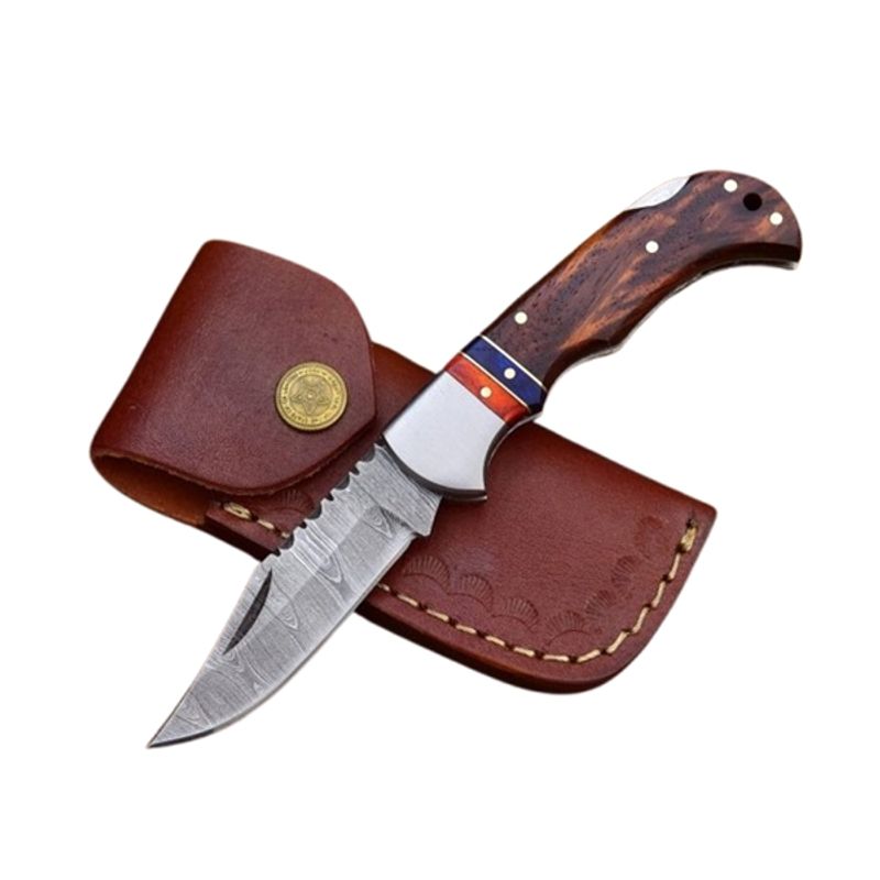 Sport si Outdoor - Camping - Cutite, bricege si accesorii - Cutite si bricege - Cutit de buzunar otel damasc, 17 cm, pliere cu blocare, maner din lemn, teaca piele inclusa - Infinity.ro