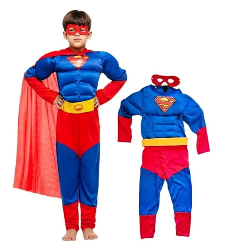 Jucarii, Copii si Bebe - Jucarii si jocuri - Jucarii de rol - Masti si costume copii - Costum Superman cu muschi, pelerina si masca, 7-9 ani, 120-130 cm - Infinity.ro