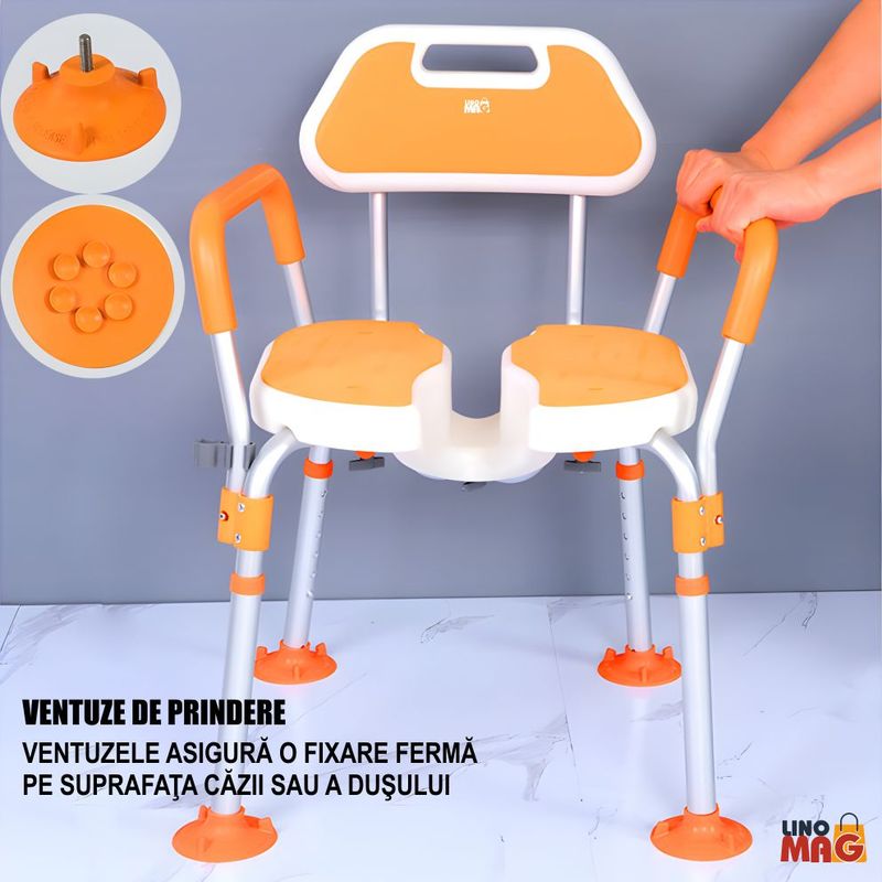 Ingrijire personala si Cosmetice - Sanatate si wellness - Aparate medicale - Produse si dispozitive ajutatoare locomotie - Scaun baie/dus rotativ Linomag®, reglabil, ventuze, spatar, manere rabatabile, 360°, aluminiu,  Portocaliu - Infinity.ro