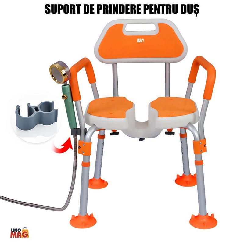 Ingrijire personala si Cosmetice - Sanatate si wellness - Aparate medicale - Produse si dispozitive ajutatoare locomotie - Scaun baie/dus rotativ Linomag®, reglabil, ventuze, spatar, manere rabatabile, 360°, aluminiu,  Portocaliu - Infinity.ro