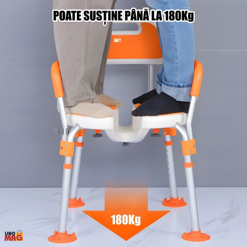 Ingrijire personala si Cosmetice - Sanatate si wellness - Aparate medicale - Produse si dispozitive ajutatoare locomotie - Scaun baie/dus rotativ Linomag®, reglabil, ventuze, spatar, manere rabatabile, 360°, aluminiu,  Portocaliu - Infinity.ro