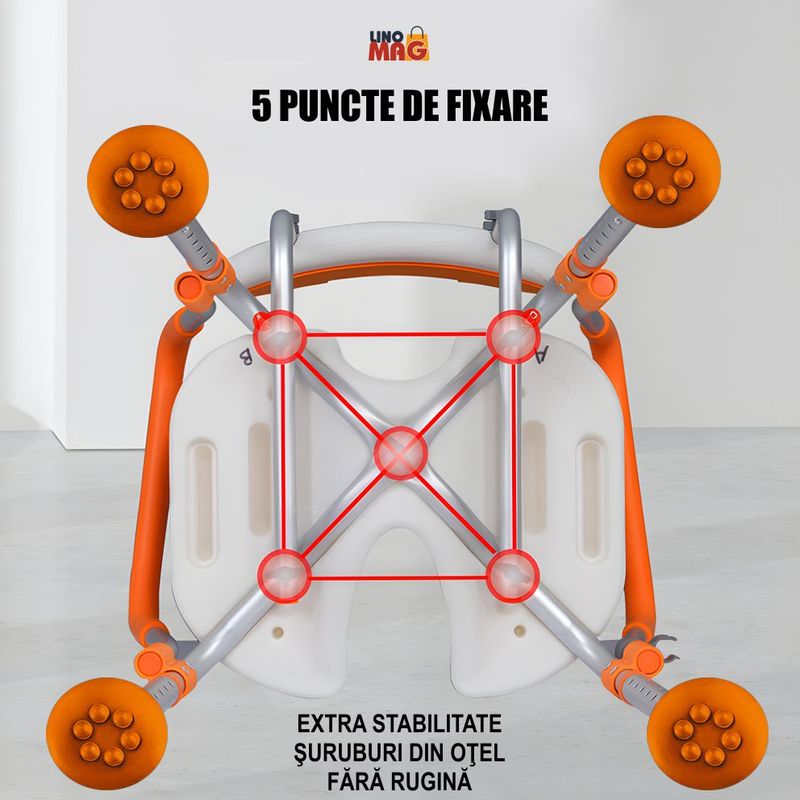 Ingrijire personala si Cosmetice - Sanatate si wellness - Aparate medicale - Produse si dispozitive ajutatoare locomotie - Scaun baie/dus rotativ Linomag®, reglabil, ventuze, spatar, manere rabatabile, 360°, aluminiu,  Portocaliu - Infinity.ro