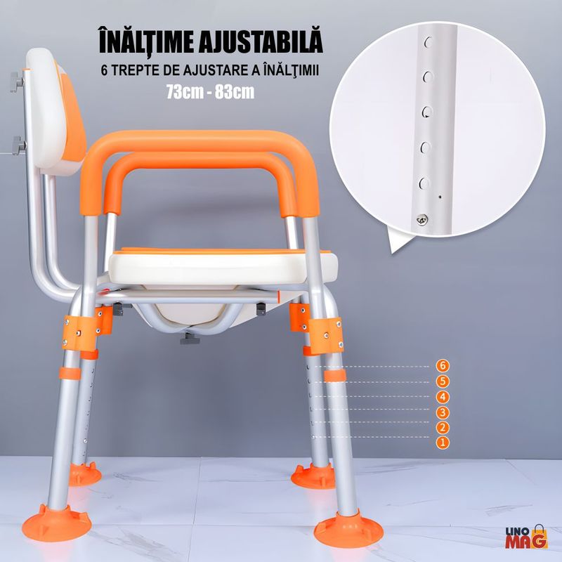 Ingrijire personala si Cosmetice - Sanatate si wellness - Aparate medicale - Produse si dispozitive ajutatoare locomotie - Scaun baie/dus rotativ Linomag®, reglabil, ventuze, spatar, manere rabatabile, 360°, aluminiu,  Portocaliu - Infinity.ro