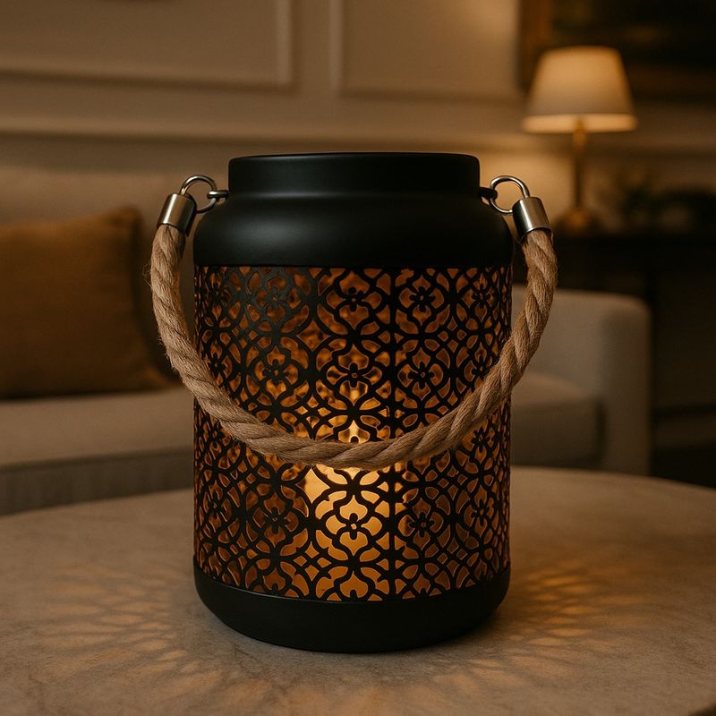 Casa si Gradina - Decoratiuni - Aromaterapie si lumanari - Suporturi lumanari - Felinar decorativ, din metal, cu model perforat floral si maner din sfoara, 17 cm, Arti Casa - Infinity.ro