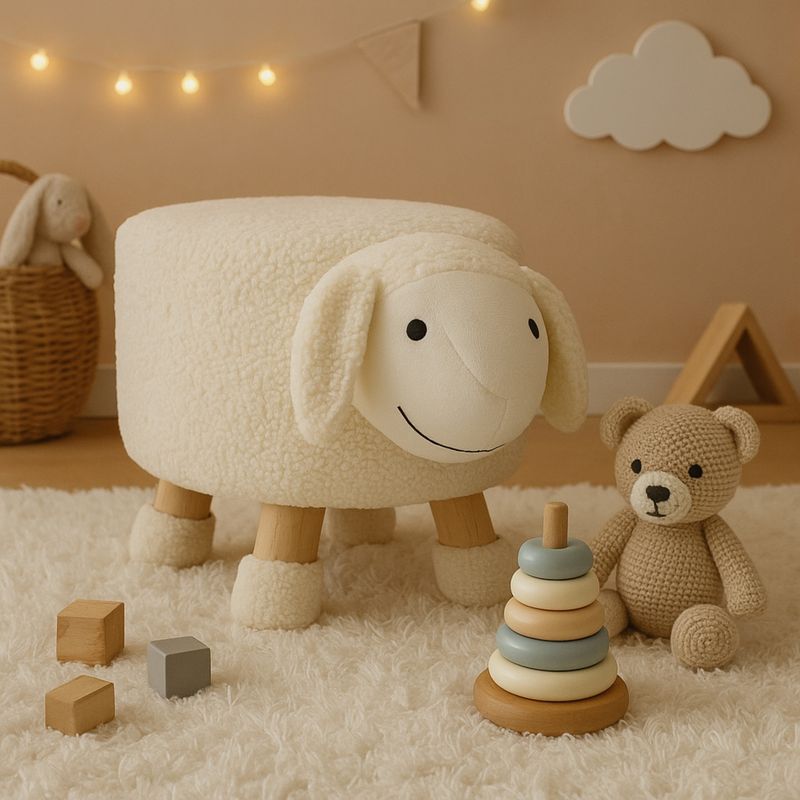 Casa si Gradina - Mobilier - Scaune si fotolii - Tabureti - Taburet decorativ, in forma de miel, cu picioare din lemn si blanita moale, culoarea alb, 36x28x27 cm, Arti Casa - Infinity.ro