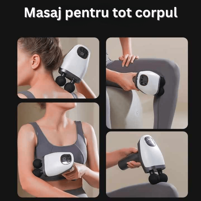 Ingrijire personala si Cosmetice - Sanatate si wellness - Articole wellness - Aparate si dispozitive de masaj - Aparat Masaj Profesional Tip Pistol Dublu, 10 Viteze, 8 Capete, 3200 rpm, Ecran LCD, Relaxare Musculara, Motor Silentios - Infinity.ro