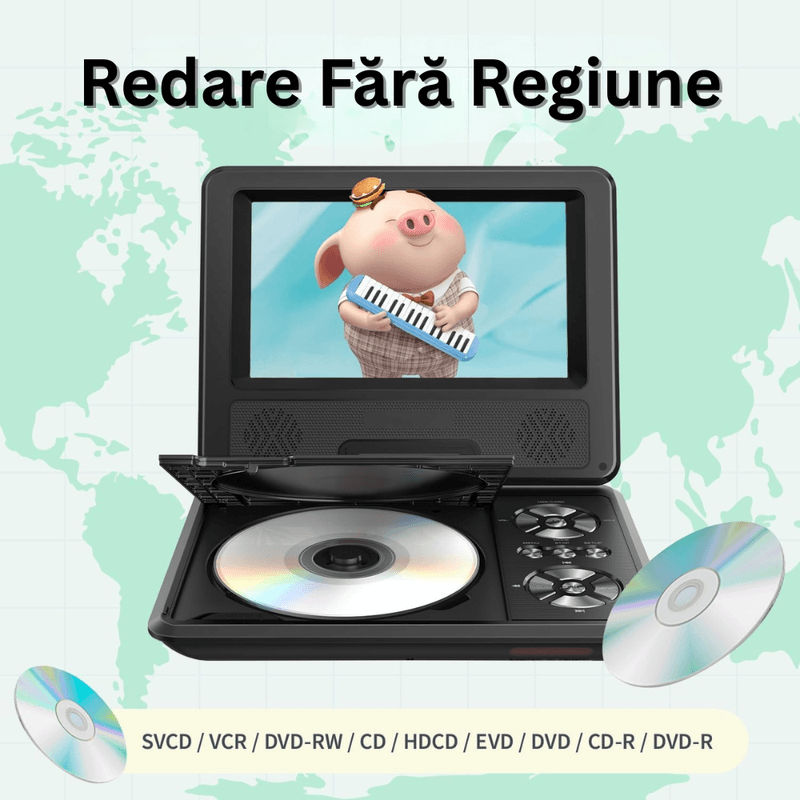 TV, Audio-Video si Foto - Home cinema si Soundbar - DVD & Blu-Ray Playere - DVD Player Portabil cu Telecomanda, Ecran 7.5 inch HD, 800x488, Rotativ 270°, Memorie, CD, USB, Card SD, AV, Jack 3.5mm - Infinity.ro