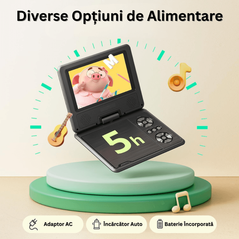 TV, Audio-Video si Foto - Home cinema si Soundbar - DVD & Blu-Ray Playere - DVD Player Portabil cu Telecomanda, Ecran 7.5 inch HD, 800x488, Rotativ 270°, Memorie, CD, USB, Card SD, AV, Jack 3.5mm - Infinity.ro