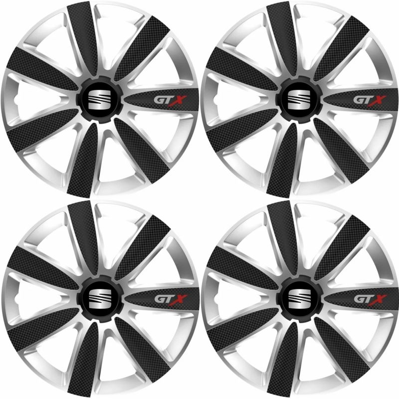 Auto si Moto - Anvelope si jante - Accesorii roti - Capace roti - Set 4 Capace Roti GTX Carbon Gri-Negru R16, Pentru Seat - Infinity.ro