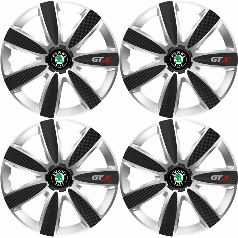 Auto si Moto - Anvelope si jante - Accesorii roti - Capace roti - Set 4 Capace Roti GTX Carbon Gri-Negru R15, Pentru Skoda - Infinity.ro