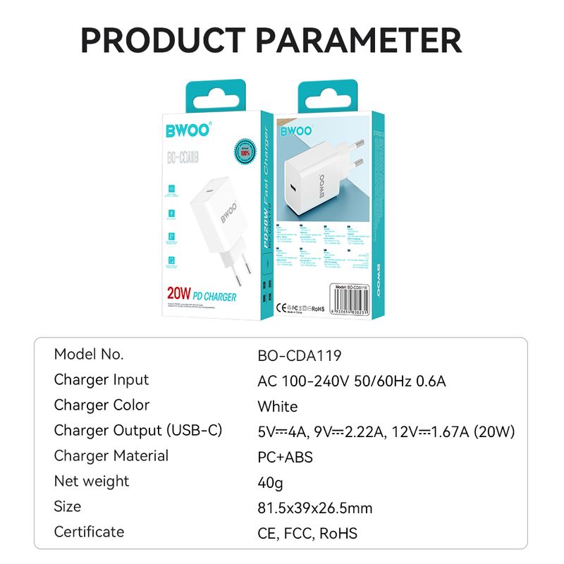 Laptop, Telefoane si Tablete - Telefoane mobile si accesorii - Accesorii Telefoane - Incarcatoare telefoane - Incarcator Retea Premium Fast Charge BWOO BO-CDA119, 20W, 4A, 1 x USB-C, Alb compatibil Apple - Infinity.ro