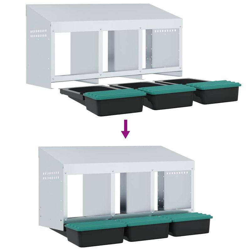 Petshop - Accesorii petshop - Culcusuri si custi - Custi interior si exterior - Cuibar pentru gaini cu 3 compartimente, montat pe perete, otel galvanizat - Infinity.ro