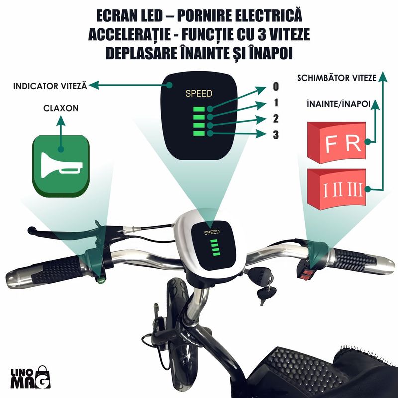Auto si Moto - Moto - Scutere - Scuter electric tip tricicleta, Linomag®, Ideal pentru deplasari urbane, 36V, 350W, Viteza max.25 km/h, Marsarier, Negru - Infinity.ro
