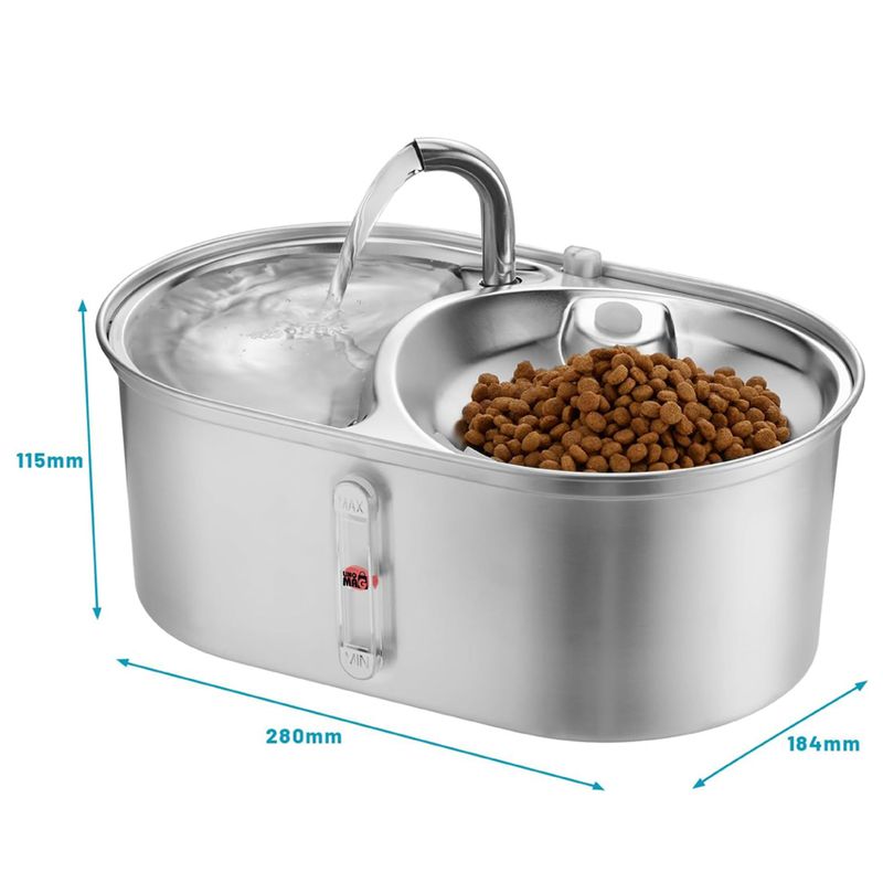 Petshop - Accesorii petshop - Castroane si adapatori - Dispenser apa automat tip fantana cu bol mancare Linomag®, 3L, filtrare carbune, silentios, inox, pisici/caini, Argintiu - Infinity.ro
