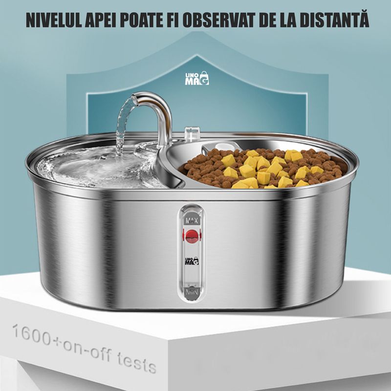 Petshop - Accesorii petshop - Castroane si adapatori - Dispenser apa automat tip fantana cu bol mancare Linomag®, 3L, filtrare carbune, silentios, inox, pisici/caini, Argintiu - Infinity.ro