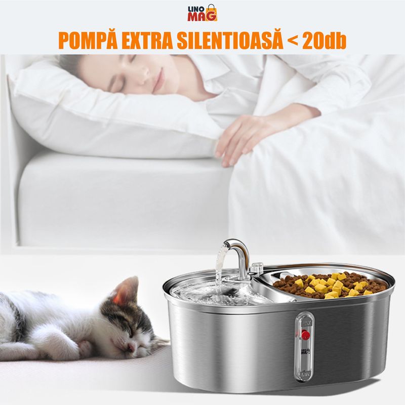 Petshop - Accesorii petshop - Castroane si adapatori - Dispenser apa automat tip fantana cu bol mancare Linomag®, 3L, filtrare carbune, silentios, inox, pisici/caini, Argintiu - Infinity.ro