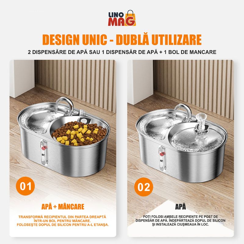 Petshop - Accesorii petshop - Castroane si adapatori - Dispenser apa automat tip fantana cu bol mancare Linomag®, 3L, filtrare carbune, silentios, inox, pisici/caini, Argintiu - Infinity.ro