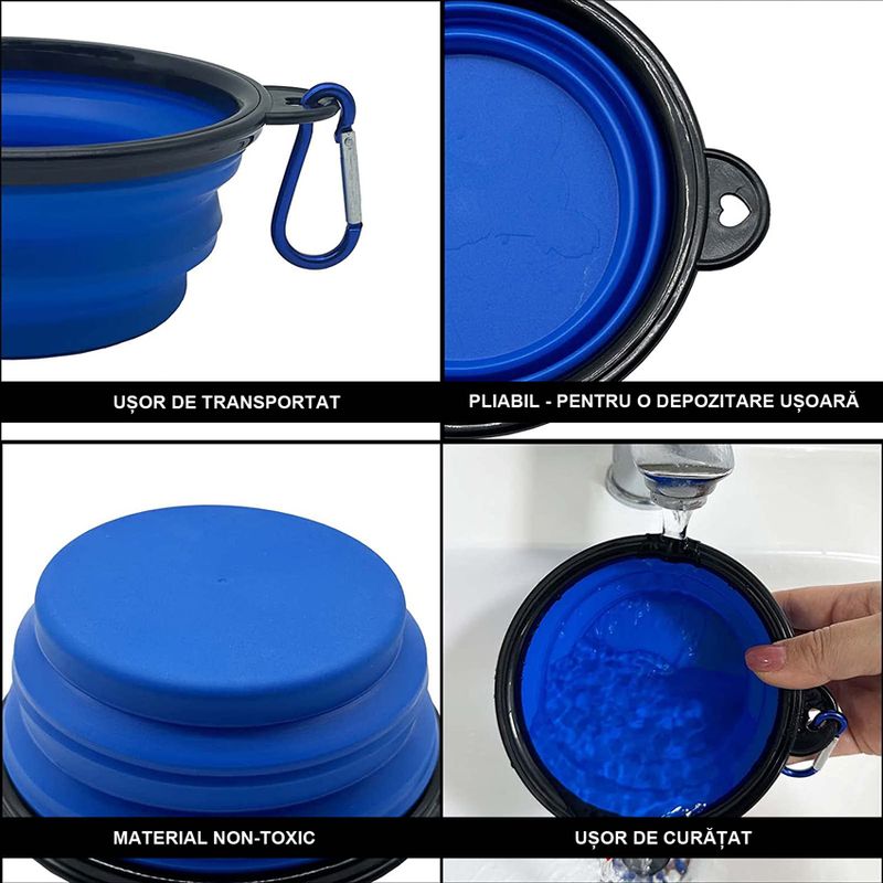 Petshop - Accesorii petshop - Castroane si adapatori - Bol pliabil pentru apa si mancare, Linomag®, Pentru caini si pisici, Silicon, 650 ml, Albastru - Infinity.ro